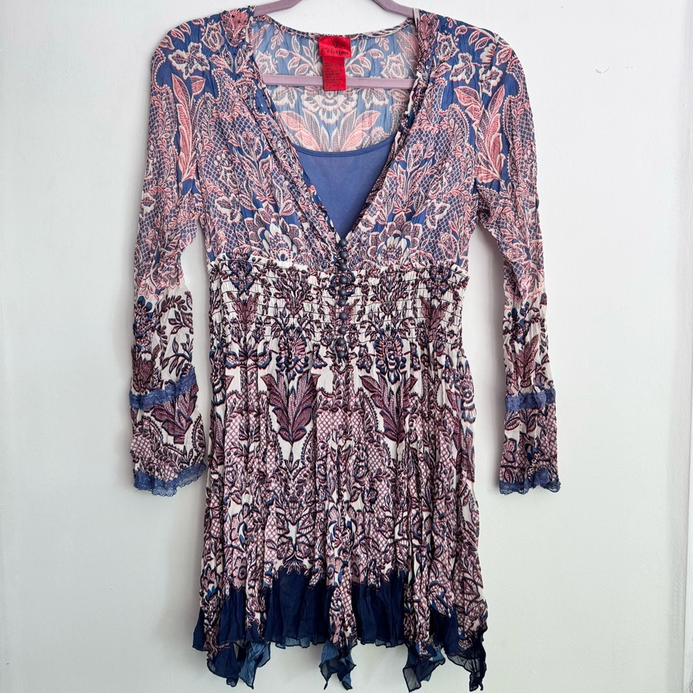 V Cristina Purple Floral Boho Crinkle Dress Handkerchief Hem Mini Size S